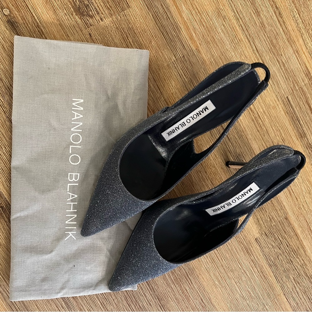 Manolo Blahnik 35.5 Allura Blue Navy Glitter Slingback Pump 90mm